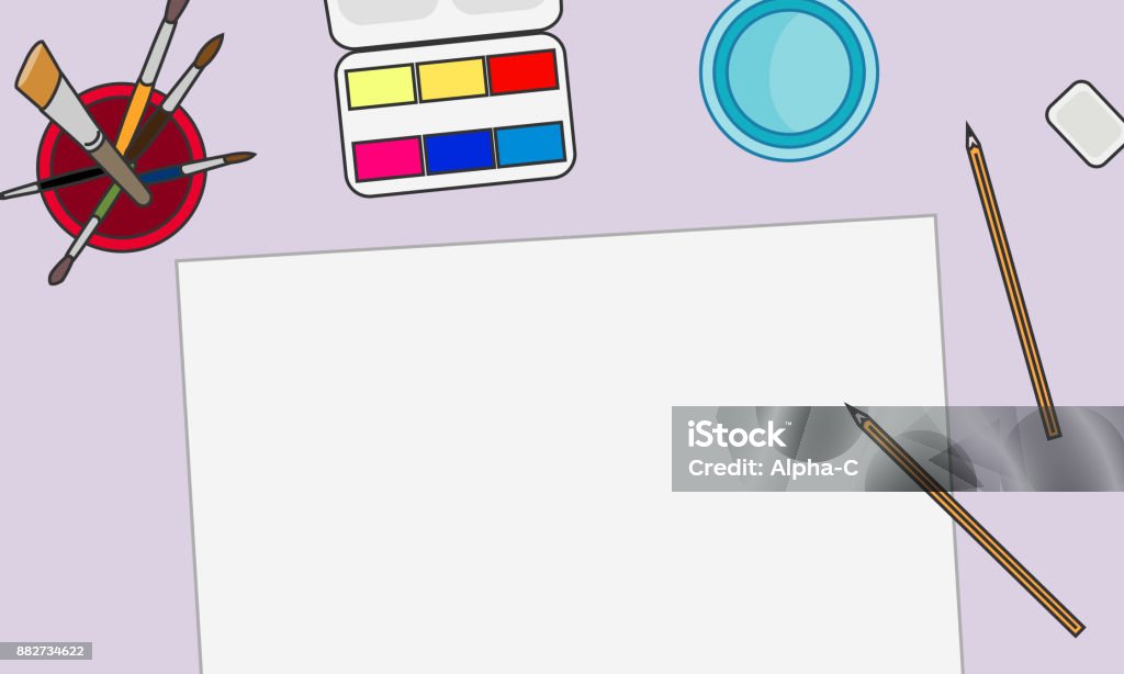 Desktop With Art Supplies Paints Brushes Watercolor Pencils Stock ...
