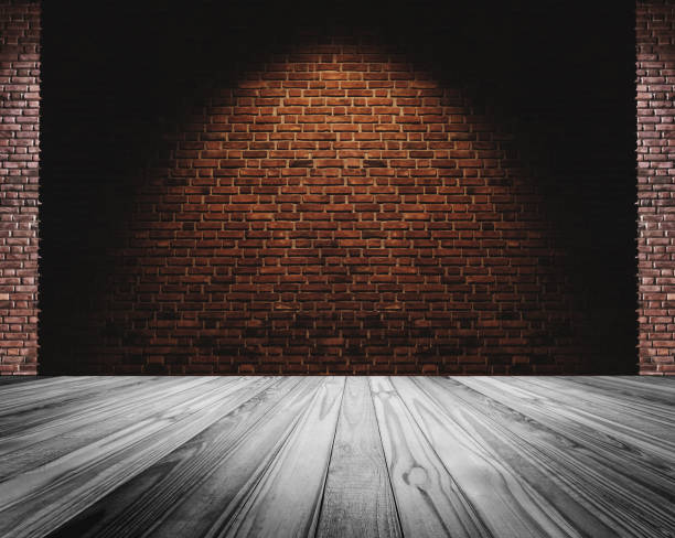 istock Brick wall and white floor, light spot on center for background 882740114