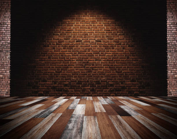 istock Brick wall and wood floor, light spot on center for background 882741930