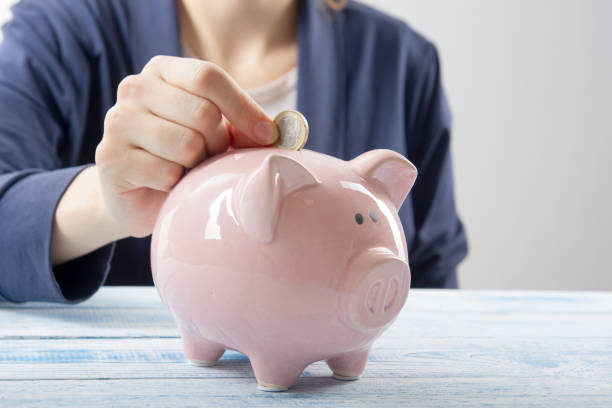 istock Hand putting coin into piggy bank closeup. selective focus 882742208