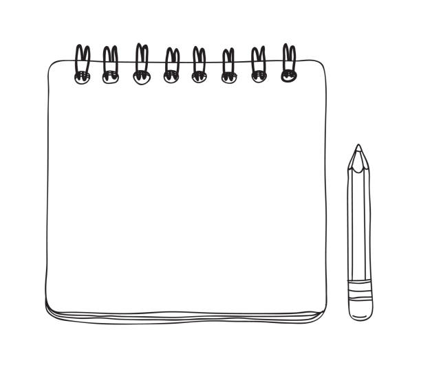 notebook mini und bleistift handgezeichnete süße linie kunst vektorgrafik - sketch pad stock-grafiken, -clipart, -cartoons und -symbole