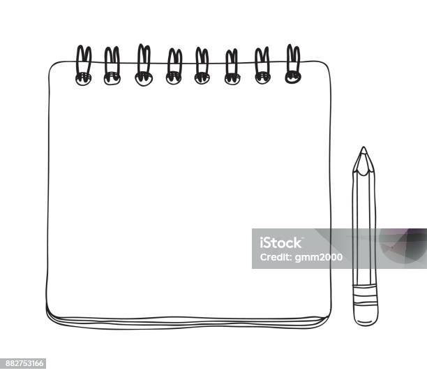 Notebook Mini And Pencil Hand Drawn Cute Vector Line Art Illustration Stock Illustration - Download Image Now