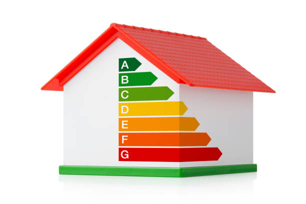 istock Miniature model house with energy efficiency graph. Photo with clipping path. 882789110