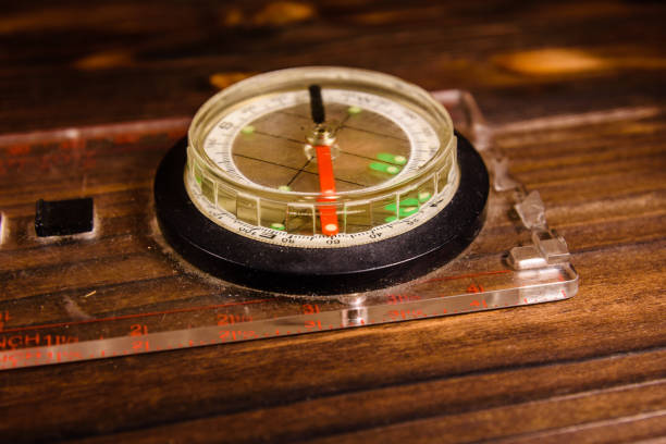 istock Touristic magnetic compass on wooden table 882795088