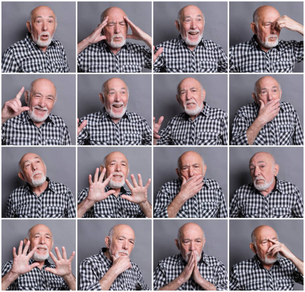 mosaico de emoções homem sênior - crying grimacing facial expression human face - fotografias e filmes do acervo