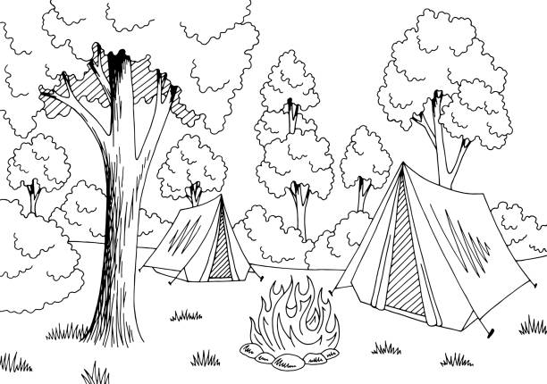 camping wald grafik schwarz weiße landschaft skizze abbildung vektor - campingplatz stock-grafiken, -clipart, -cartoons und -symbole