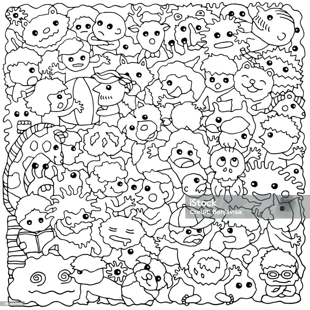 funny monster animal group hand drawn vector drawing illustration design Fun stock vector