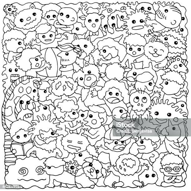 Funny Monster Animal Group Hand Drawn Vector Drawing Illustration Design Stock Illustration - Download Image Now