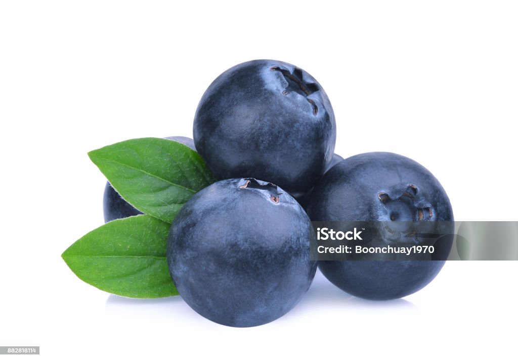stack of blueberries with green leaves isolated on white background Blueberry Stock Photo