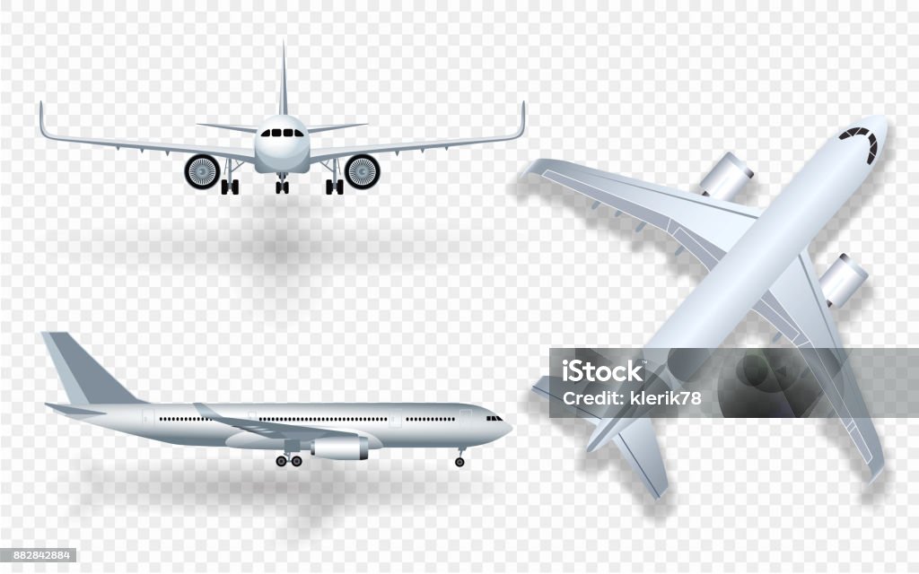 White airplane with shadow icon set on checkered background in profile and from the front isolated vector illustration Airplane stock vector