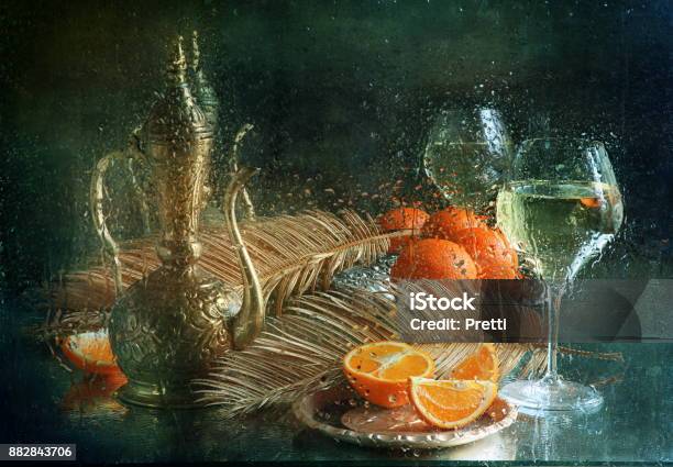 Still Life With White Wine And Oranges Stock Photo - Download Image Now - Branch - Plant Part, Bright, Citrus Fruit