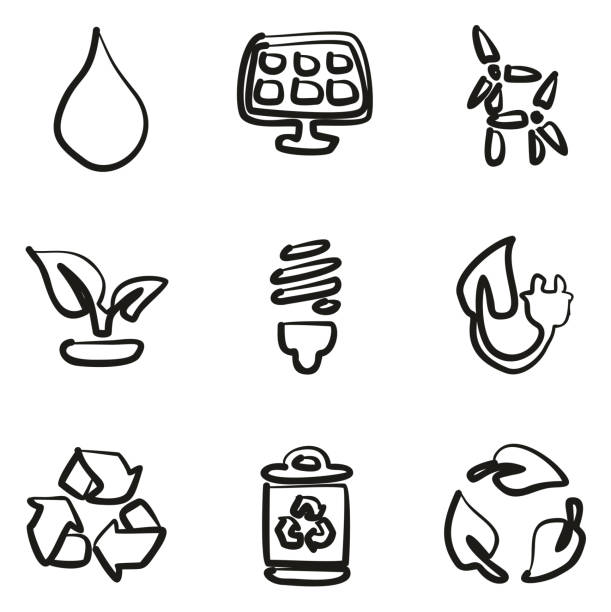 illustrazioni stock, clip art, cartoni animati e icone di tendenza di icone dell'energia verde a mano libera - industrial windmill nature recycling computer icon