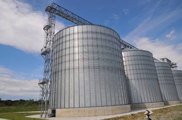 istock Agricultural Silos.  metal grain facility with silos. 882851268