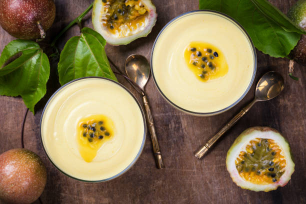 Passion fruit mousse top view stock photo
