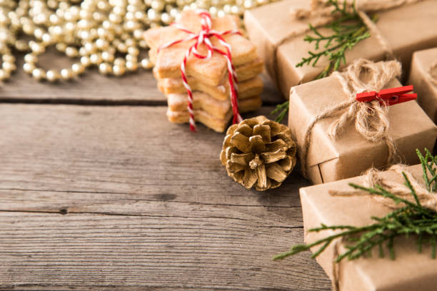 istock Christmas composition. Christmas gifts with copy space 882856462