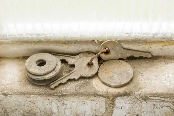 A set of keys were forgotten in the frame of a window of a garage next to pulleys and old coins. We can see that they have been in this site for a long time because of the deterioration they present.