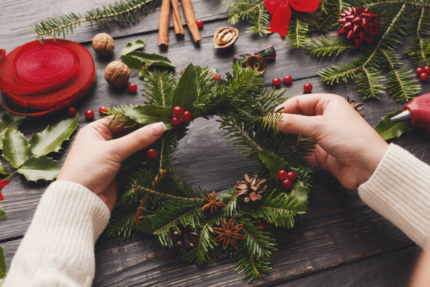 istock Prepare for xmas, creative craft wreath. Making christmas wreath symbols 882860290
