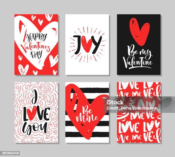 Set Of Cute Valentines Day Greeting Cards With Handwritten Brush Calligraphy And Decorative Elements Stock Illustration - Download Image Now