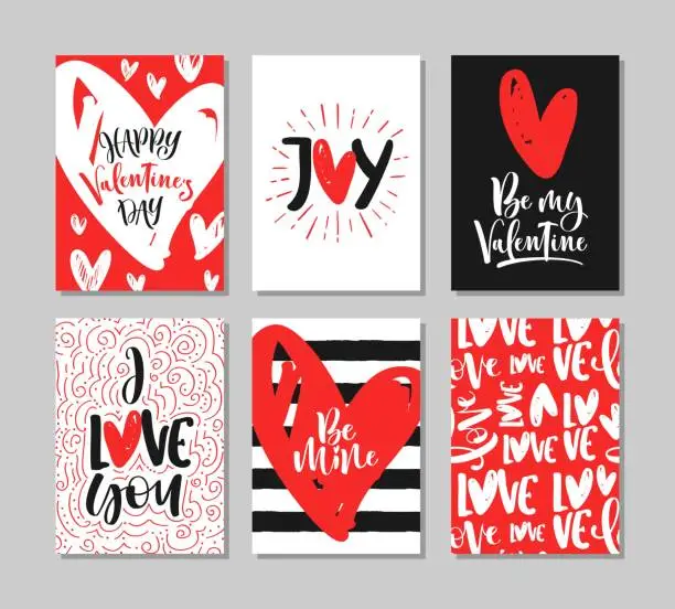 Vector illustration of Set of cute Valentine's Day greeting cards with handwritten brush calligraphy and decorative elements.