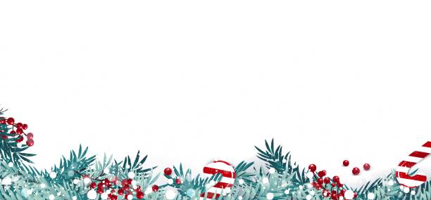świąteczna granica lub rama z gałęziami jodłowych, jagodami i cukierkami odizolowanymi na śnieżnym tle. - christmas holiday vacations candy cane stock illustrations
