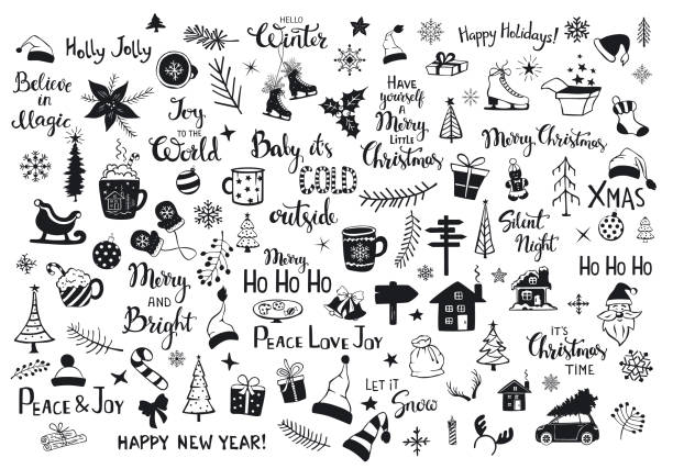 collection of christmas new years decoration items silhouettes and outlined doodles, xmas trees, santa hats, gift box, snowflakes, twigs, branches, house, car, mug, skates and hand lettered quotes collection of christmas new years decoration items silhouettes and outlined doodles, xmas trees, santa hats, gift box, snowflakes, twigs, branches, house, car, mug, skates and hand lettered quotes snowflake shape silhouettes stock illustrations