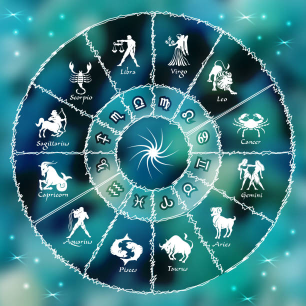 青いネオンの占いサークル。黄道帯の印と円。ベクトル - fortune telling astrology sign wheel sun点のイラスト素材／クリップアート素材／マンガ素材／アイコン素材