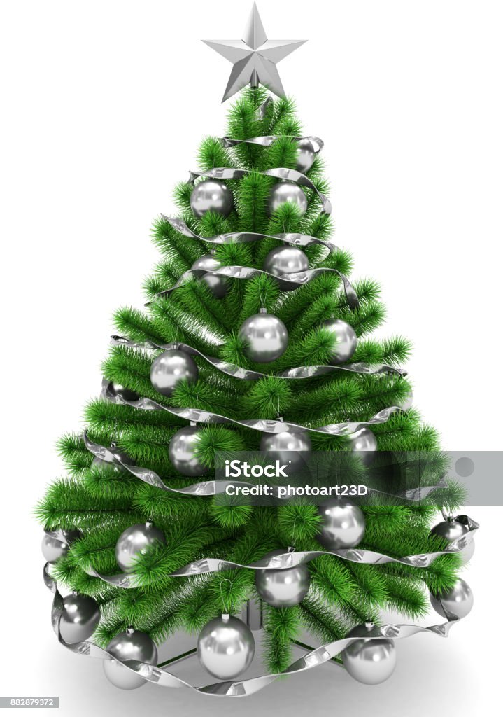 Foto de Árvore De Natal Decorada Com Bolas De Natal Prata Prata Estrela De  Natal E Fita Isolado No Branco e mais fotos de stock de Arranjar - iStock