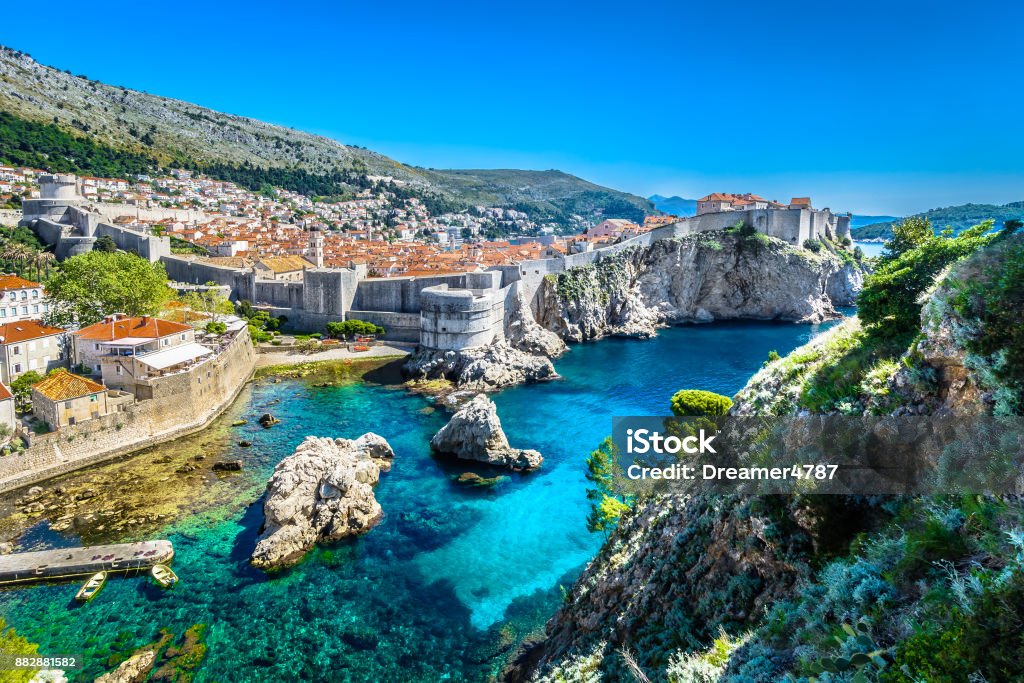 Adriatic Sea Dubrovnik landscape. Aerial panoramic view at famous european travel destination, Dubrovnik cityscape on Adriatic Coast, Croatia. Croatia Stock Photo