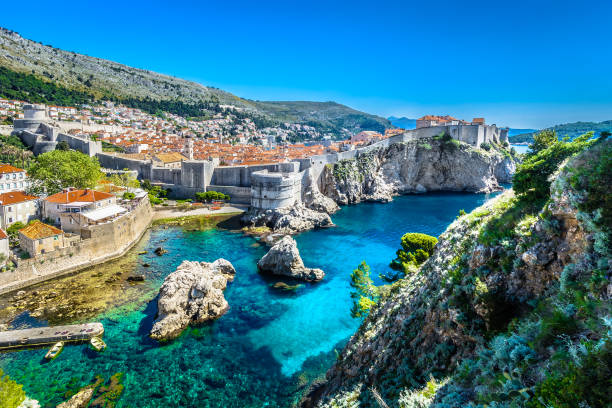 Adriatic Sea Dubrovnik landscape. Aerial panoramic view at famous european travel destination, Dubrovnik cityscape on Adriatic Coast, Croatia. croatian culture photos stock pictures, royalty-free photos & images