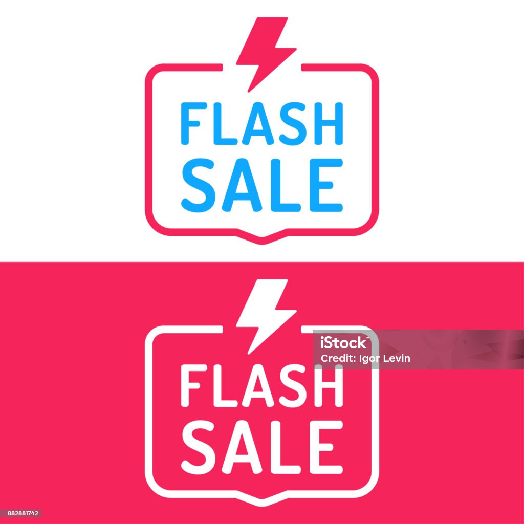 Flash sale. Badge with lightning icon. Flat vector illustration on white and red background. Business concept. Flash stock vector
