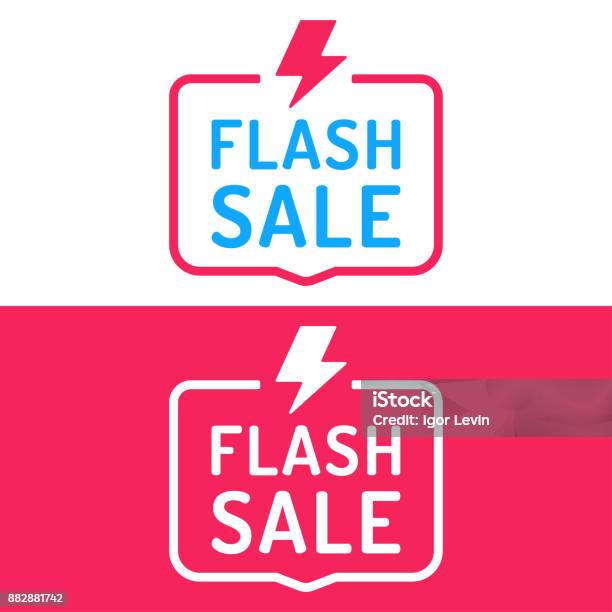 Flash Sale Badge With Lightning Icon Flat Vector Illustration On White And Red Background Stock Illustration - Download Image Now