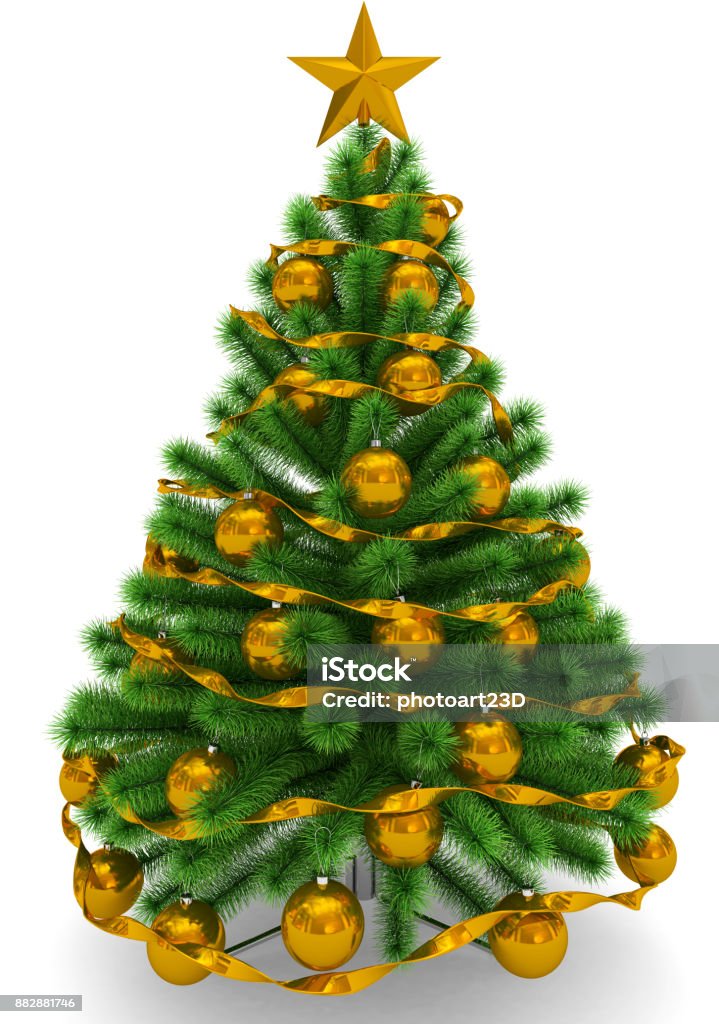Foto de Árvore De Natal Decorada Com Bolas Douradas De Natal Estrela De Natal  Dourada E Fita Isolado No Branco e mais fotos de stock de Grande - iStock