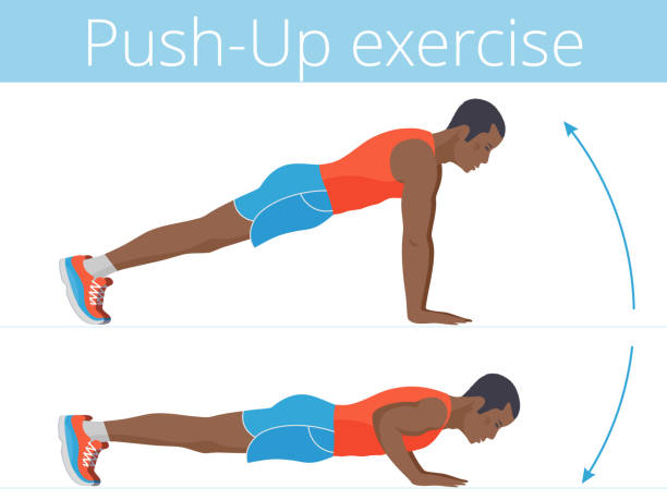 The active afroamerican young man is doing the push up exercise. The active afroamerican man in the sportswear is doing the push up exercise. Flat illustration of young strong boy training in push-up. Vector active people set for sport, fitness design, infographic. push ups stock illustrations