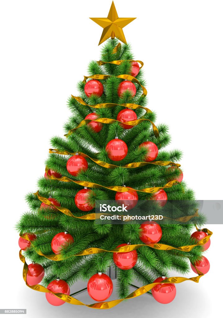 Foto de Árvore De Natal Decorada Com Bolas Vermelhas De Natal Estrela De  Natal Dourada E Fita Isolado No Branco e mais fotos de stock de Enfeite de  topo de árvore -