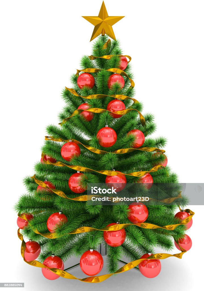 Foto de Árvore De Natal Decorada Com Bolas Vermelhas De Natal Estrela De Natal Dourada E Fita Isolado No Branco e mais fotos de stock de Enfeite de topo de árvore - Foto de Árvore De Natal Decorada Com Bolas Vermelhas De Natal Estrela De Natal Dourada E Fita Isolado No Branco e mais fotos de stock de Enfeite de topo de árvore -