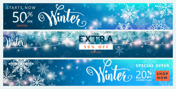 Winter banner set. Color sale background design with christmas snow, snowflake Winter banner set. Colorful sale background design with christmas snow and snowflake, garland, season type lettering text sign 50 percent, 20 Off. Advertising offer. Vector illustration glow in the dark hearts background stock illustrations