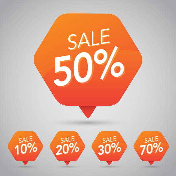 10%, 15% 20%, 25%, 30%, 35%, 45%, 50%, 65%, 70% Sale, Disc, Off on Cheerful Orange Tag for Marketing Retail Element Design vector art illustration