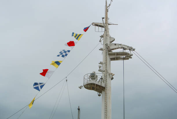 istock Colorful signal nautical flags against cloudy sky. 882898344