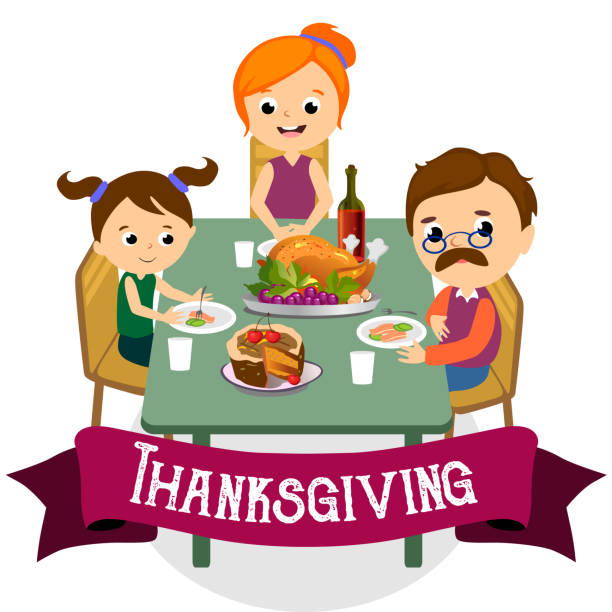 感謝祭セット、夕食のテーブルで孤立した幸せな家族食べるトルコのワインを飲む。子供を持つ母父を一緒に祝う伝統的な秋の休日。人々 を与えるおかげでベクトル図 - parent thanksgiving eating food点のイラスト素材／クリップアート素材／マンガ素材／アイコン素材