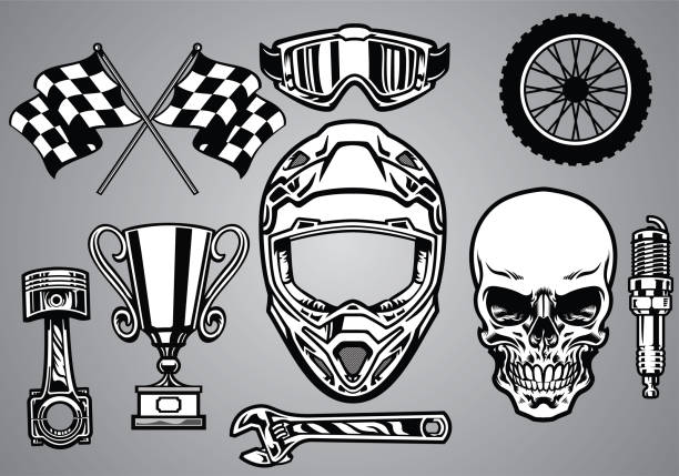 illustrazioni stock, clip art, cartoni animati e icone di tendenza di set di motocross da corsa con teschio - motocross