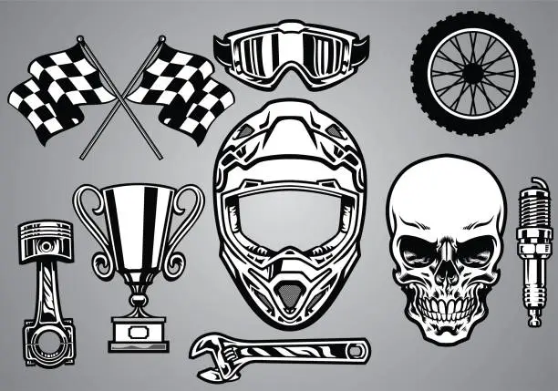 Vector illustration of set of motocross racing with skull