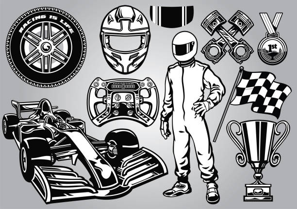 ilustraciones, imágenes clip art, dibujos animados e iconos de stock de fórmula racing set blanco y negro - checkered flag illustrations