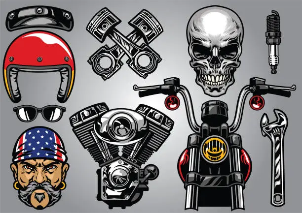 Vector illustration of set of high detailed motorcycle element