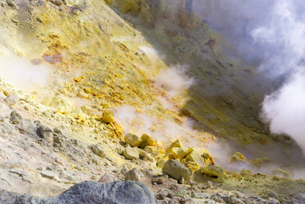 istock Inside active volcano crater smoking hot ash sulfur mountain . 882912658