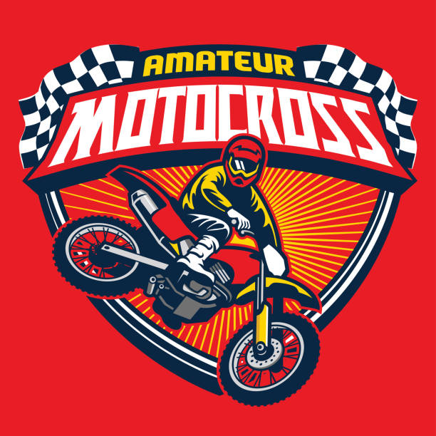 illustrazioni stock, clip art, cartoni animati e icone di tendenza di badge evento motocross - motocross