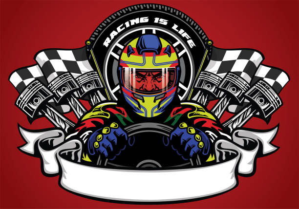 ilustrações de stock, clip art, desenhos animados e ícones de car racer wearing helmet with ribbon for text space - motor racing track motorized sport sports race road