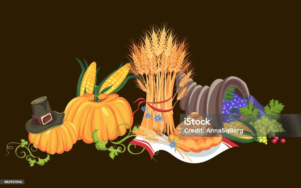Bio-Lebensmittel wie Obst und Gemüse zu ernten happy Thanksgiving-Dinner Karte oder banner Hintergrund, Ernte Trauben-Vektor-Illustration - Lizenzfrei Abnehmen Vektorgrafik