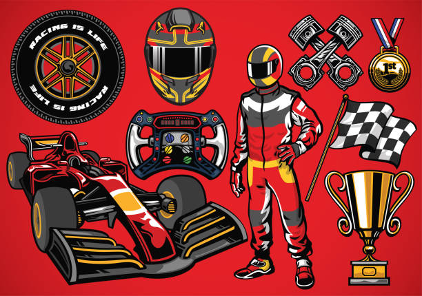 ilustraciones, imágenes clip art, dibujos animados e iconos de stock de conjunto de alta fórmula detallada elemento de coche de carreras - helmet crash helmet motorized sport auto racing