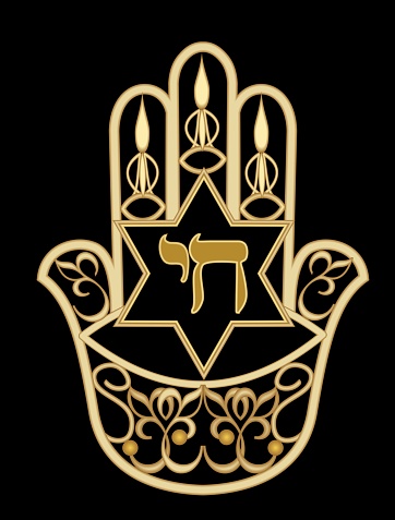 Miriam hand symbol hamsa. Golden design with star of David and hebrew word chai meaning life. Filigree gold jewel with jewish elements