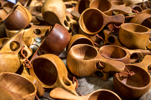 A Group Of Guksi Or Kuksa Drinking Cups Hand Crafted From Carved Birch Burl By The Sami People Of Finland In Lapland Northern Scandinavia . Selective Focus